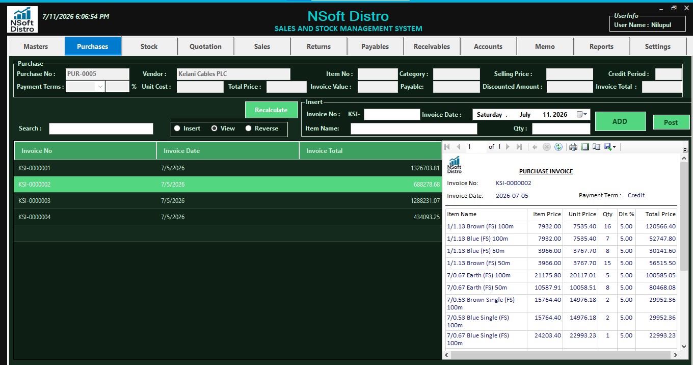Purchases screen showing Kelani Cables PLC as vendor