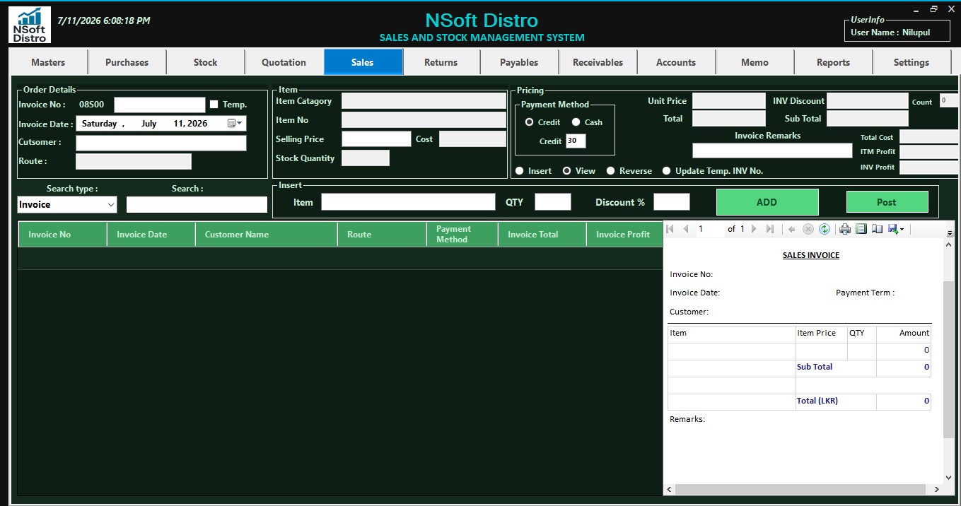 Sales invoicing screen